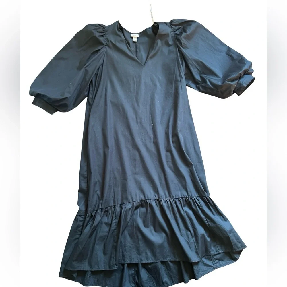 A New Day Black V-Neck Midi Dress with Pockets | Puff Sleeve Ruffle Hem Size M